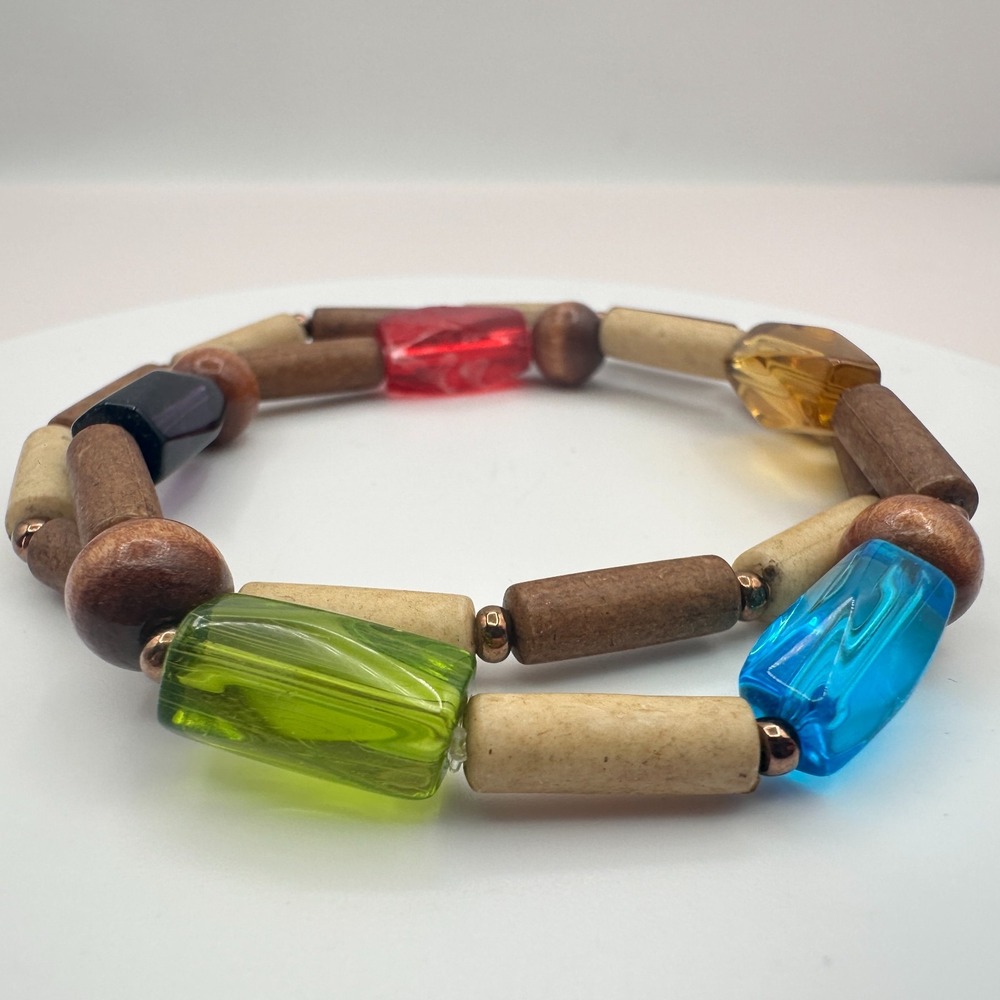 Vintage 90s Glass & Wood Bead Bracelets Set Boho Earthy Women's Fashion Jewelry